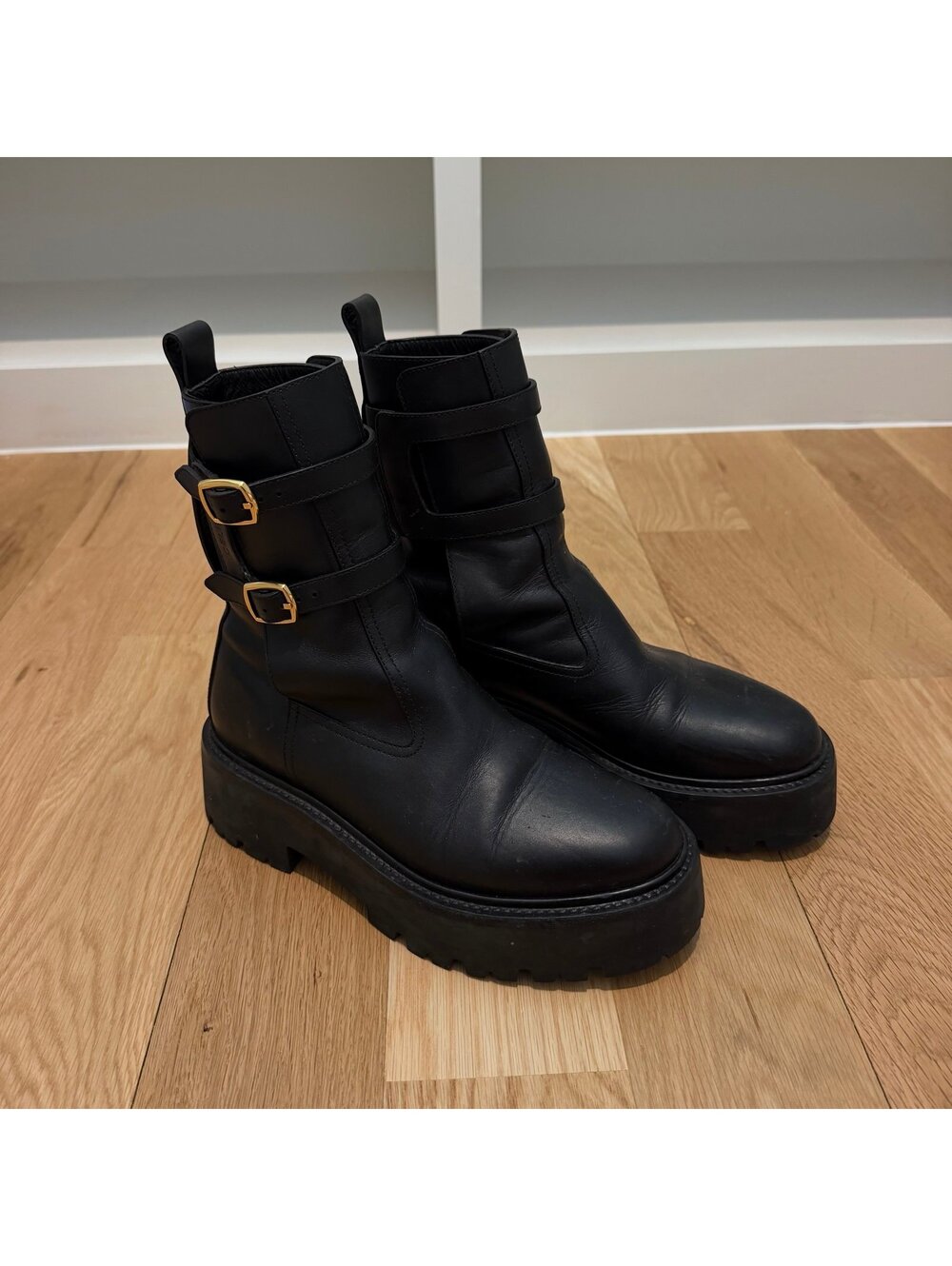 celine black leather moto boots size 38